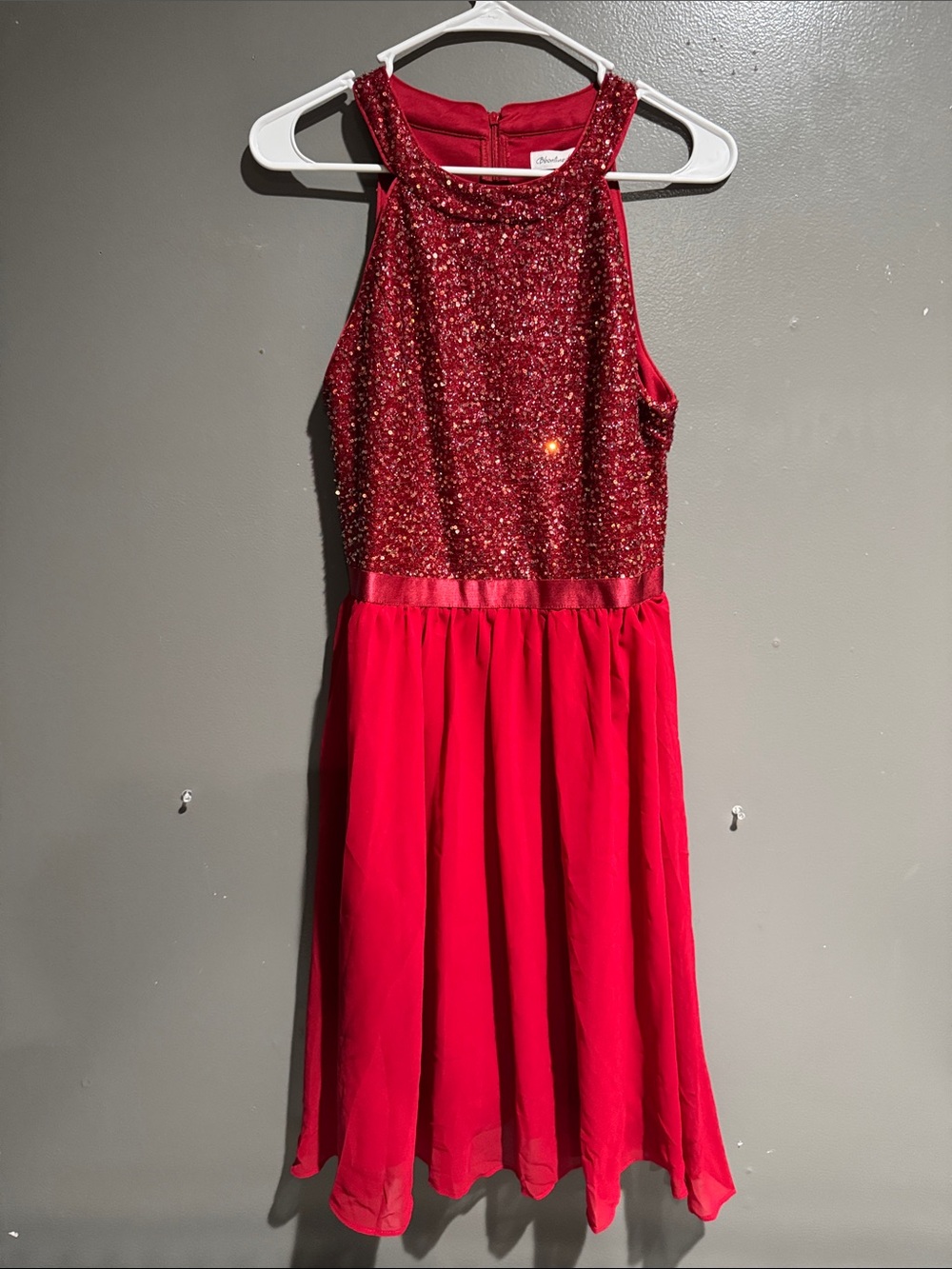 Red Sequin Halter Midi Dress with Chiffon Skirt